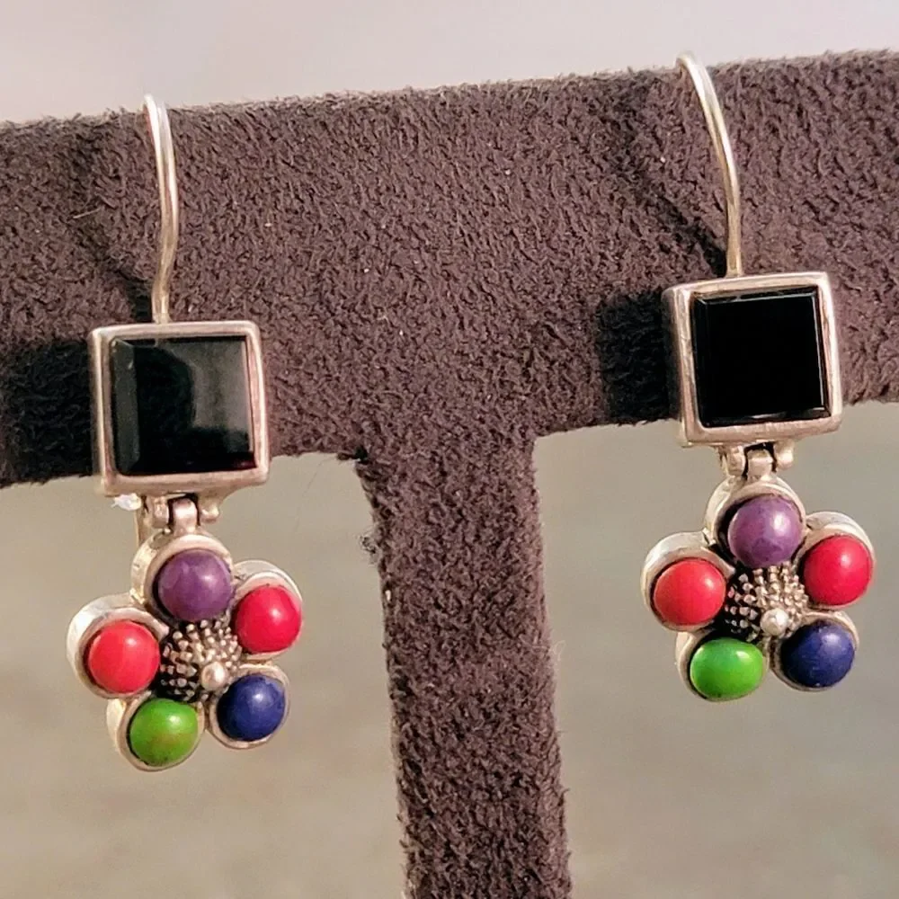Vintage SE Sterling Multi Stone Flower Design Drop Earrings